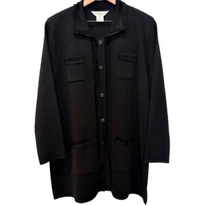 Misook Petite XL Black Ribbed Knit Long Jacket Fringe Trim Sweater Quiet Luxury